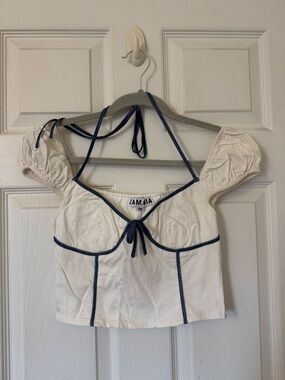 I.AM.GIA White Puff Sleeve Crop Top with Navy Trim